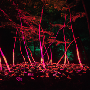 Generera ett konstverk som föreställer en skog av dansande neonträd.