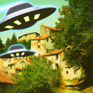 Create an image of a UFO landing in a medieval village