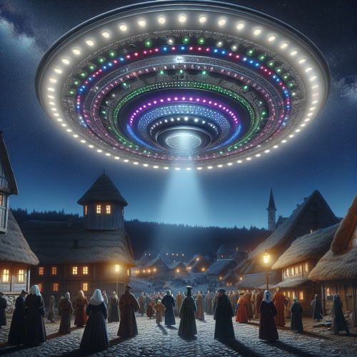 Create an image of a UFO landing in a medieval village