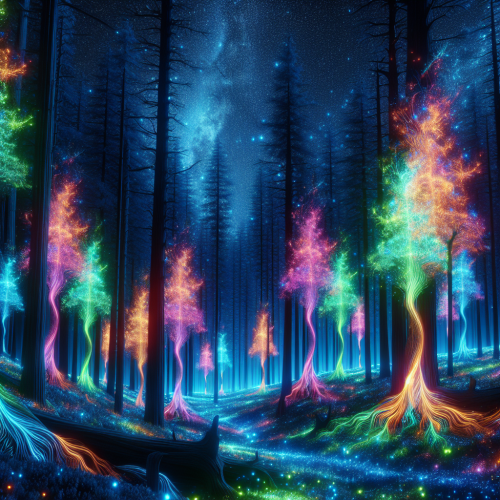 Generera ett konstverk som föreställer en skog av dansande neonträd.